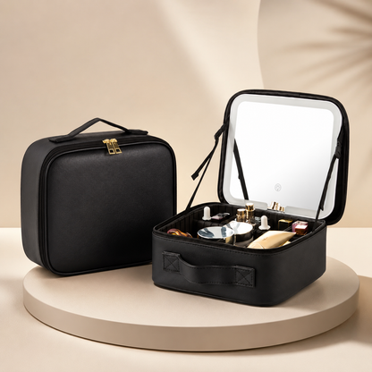 Elegant Travel Makeup Case with LED Mirror & Adjustable Storage | Perfect Organizer for Beauty on the Go