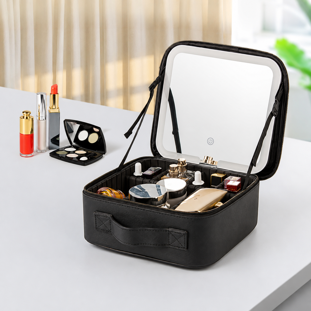 Elegant Travel Makeup Case with LED Mirror & Adjustable Storage | Perfect Organizer for Beauty on the Go
