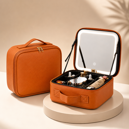 Elegant Travel Makeup Case with LED Mirror & Adjustable Storage | Perfect Organizer for Beauty on the Go