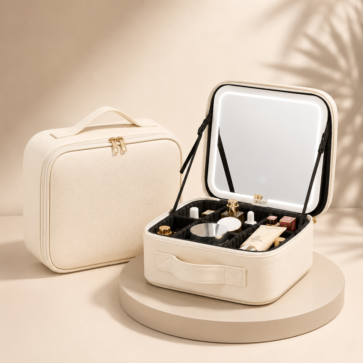 Elegant Travel Makeup Case with LED Mirror & Adjustable Storage | Perfect Organizer for Beauty on the Go