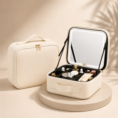 Elegant Travel Makeup Case with LED Mirror & Adjustable Storage | Perfect Organizer for Beauty on the Go
