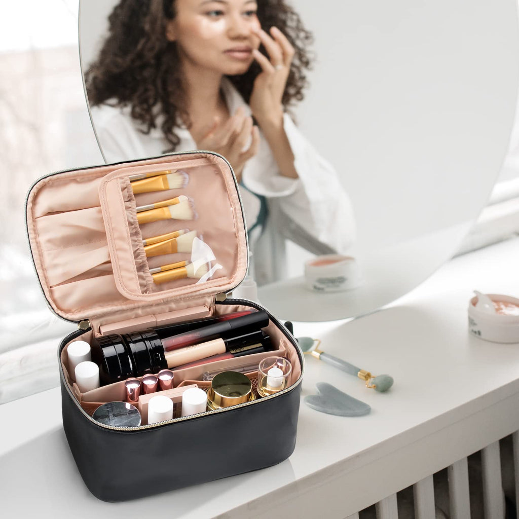 Essential Travel Makeup Bag | Spacious Organizer with Brush Storage | Perfect for Everyday Beauty