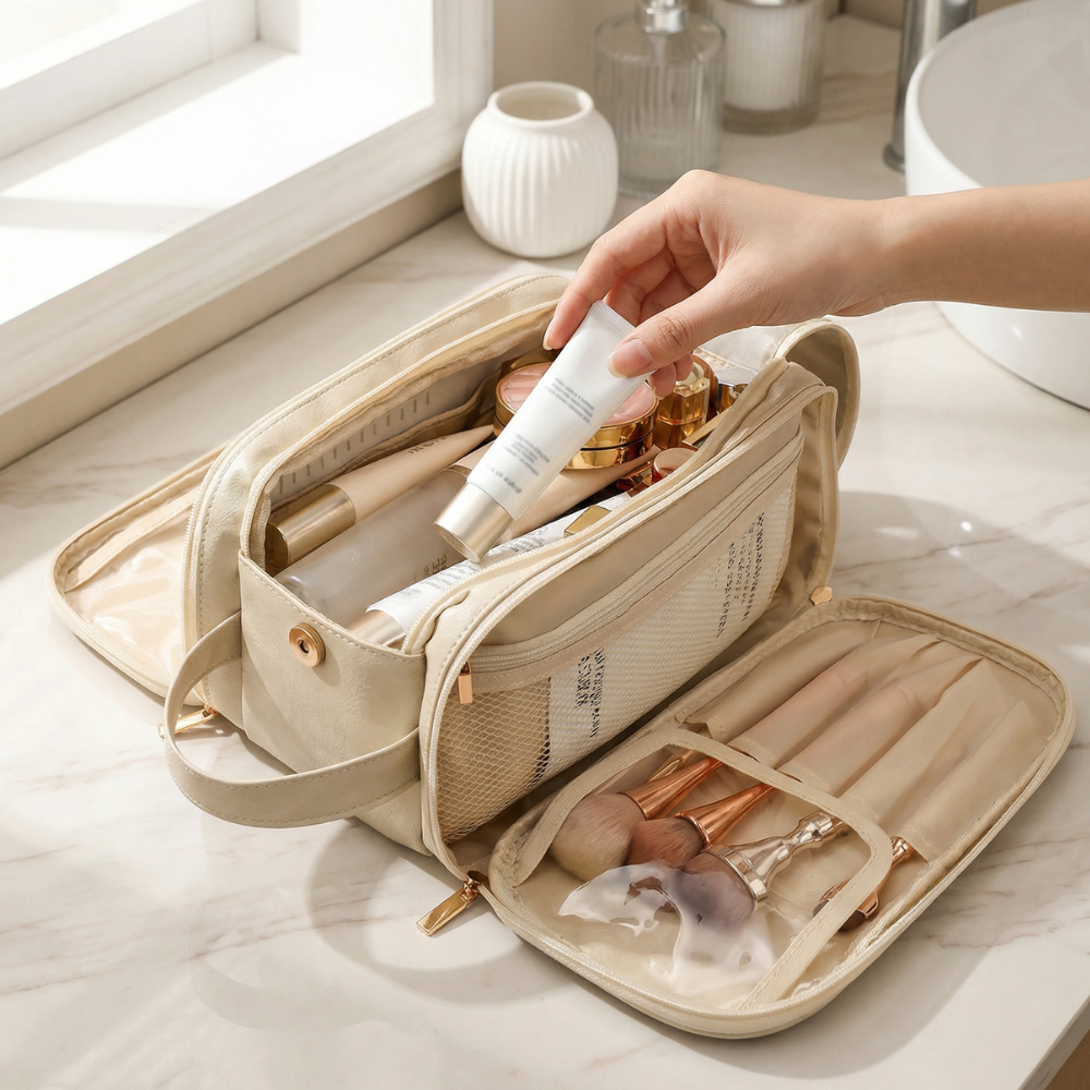 Vepine Glossa | Makeup Organizer Box with Waterproof Design & Brush Protectors | Large Capacity Cosmetic Organizer for Travel and Everyday Use